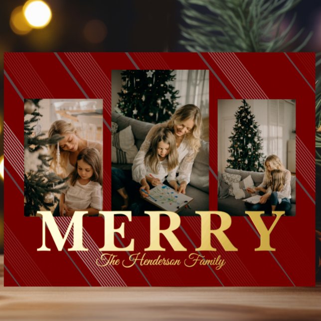 Vintage Gingham Classic 3 Photo Holiday Card (Creator Uploaded)