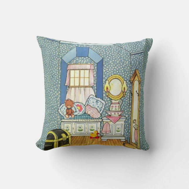 Vintage Gingham Doll House Throw Pillow (Front)