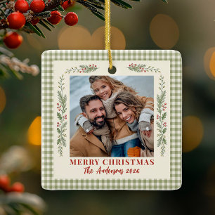 Vintage Gingham Family Christmas Photo Ceramic Ornament
