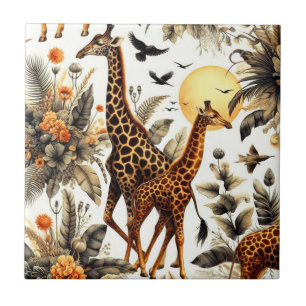 Vintage Giraffe Floral Watercolor Tile