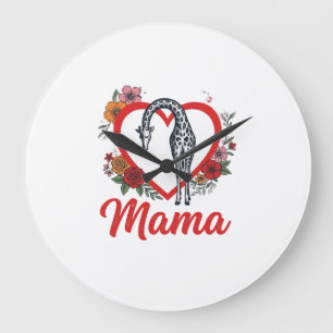 Vintage Giraffe Mama Floral Heart Shirt Design_1 Large Clock