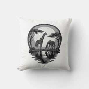 Vintage Giraffe Moon Silhouette Safari Vector Desi Throw Pillow