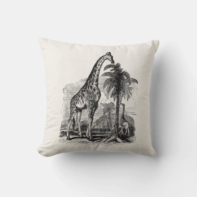 Vintage Giraffe Personalized Animal Illustration Throw Pillow (Front)