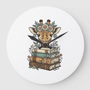 Vintage Giraffe Reading Books Floral Shirt Design_ Large Clock