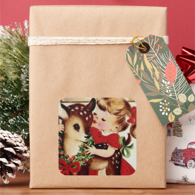 Vintage girl and reindeer Christmas sticker (Holiday)