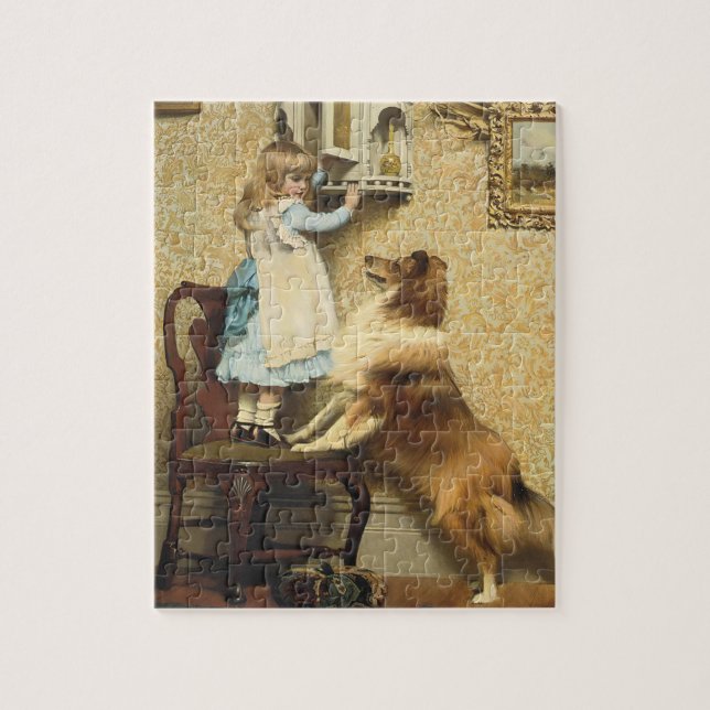Vintage Girl and Sheltie Dog Art Secret Place Jigsaw Puzzle (Vertical)