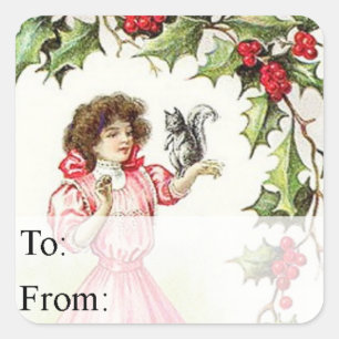 Vintage Girl and Squirrel Christmas Gift Tag