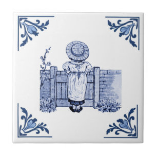 Vintage Girl at Gate Delft Corner Blue and White Tile