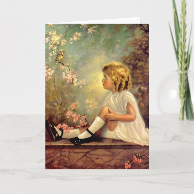 Vintage Girl & Bird Card (Front)