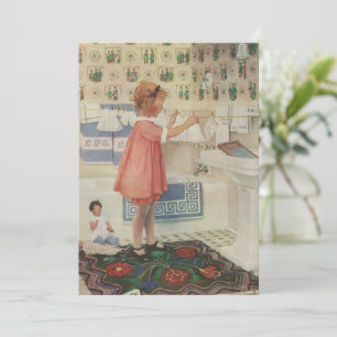 Vintage Girl, Child Doing Laundry Hanging Clothes Invitation