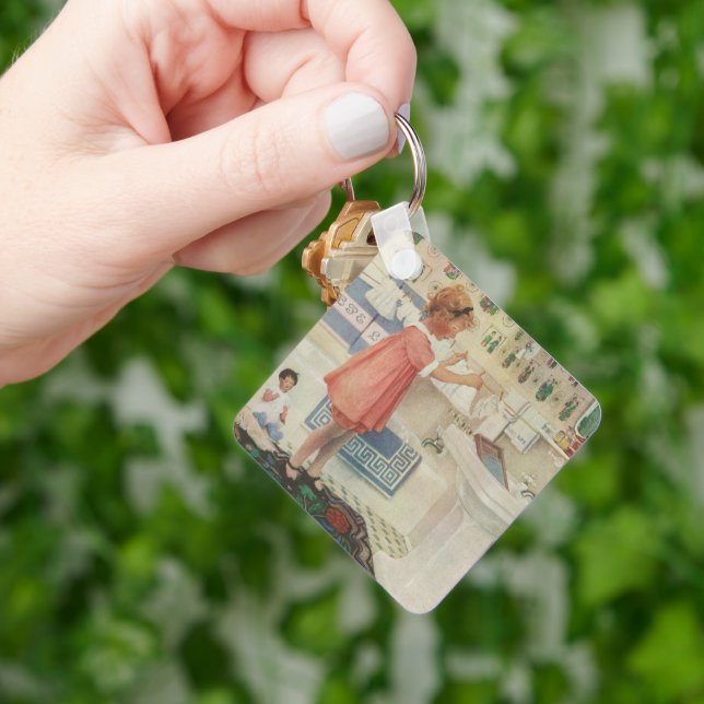 Vintage Girl, Child Doing Laundry Hanging Clothes Keychain (Hand)