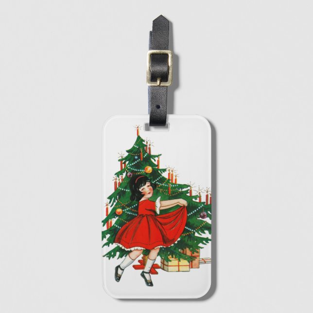 Vintage Girl Dancing Christmas Tree Luggage Tag (Front Vertical)