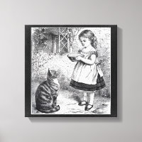 Vintage Girl Feeding Cat a Saucer of Milk