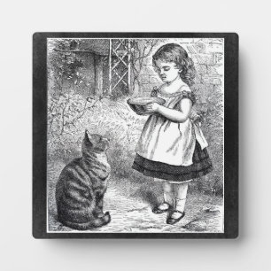 Vintage Girl Feeding Cat a Saucer of Milk Plaque
