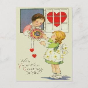 Vintage Girl Giving Bouquet of Flowers Valentine Holiday Postcard