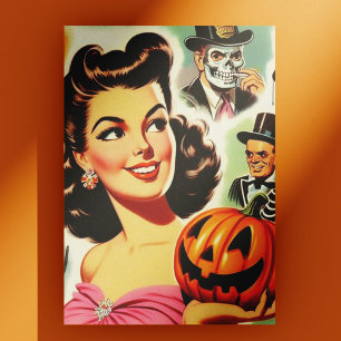 Vintage Girl Halloween Illustration Postcard