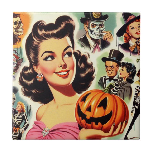 Vintage Girl Halloween Illustration Tile (Front)