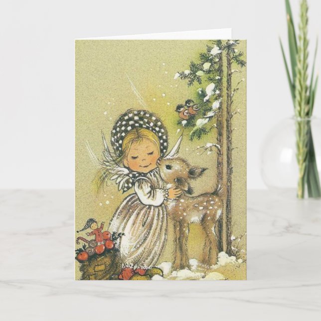 Vintage Girl Hugging Baby Deer Holiday Card (Front)
