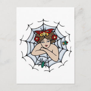 Vintage Girl in A Spider Web Tattoo Art Postcard