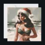 Vintage Girl in Bikini and Santa Hat Retro Pin Up Holiday Card<br><div class="desc">Celebrate the holiday season with retro charm and beach vibes! This festive Christmas card features a vintage pin-up illustration of a pretty young woman in a Santa hat and bikini, enjoying the sun and sand by the shore. Perfect for those who love classic style with a playful twist, this card...</div>