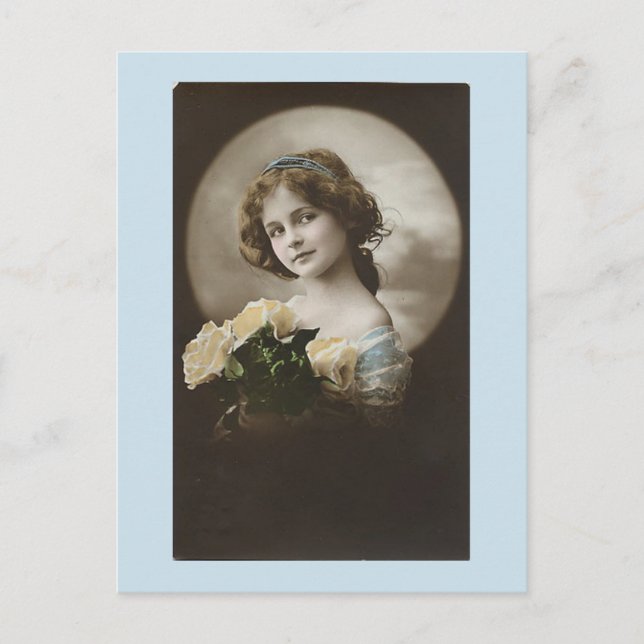 Vintage Girl In Blue White Roses Postcard (Front)