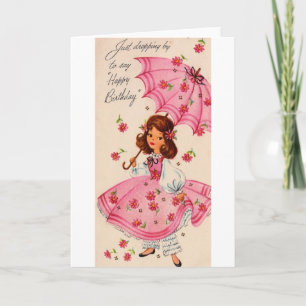 Vintage Girl In Pink With Parasol Birthday Card