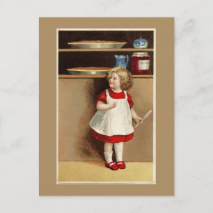 Vintage Girl in Red Dress and Pies Postcard