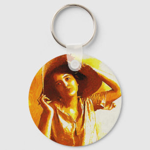 Vintage Girl In Straw Hat Key Chain