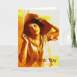 Vintage Girl In Straw Hat Thank You Note Card