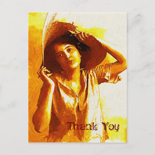 Vintage Girl In Straw Hat Thank You Postcard (Front)