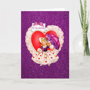Vintage Girl Lace Heart Holding Umbrella Purple Holiday Card