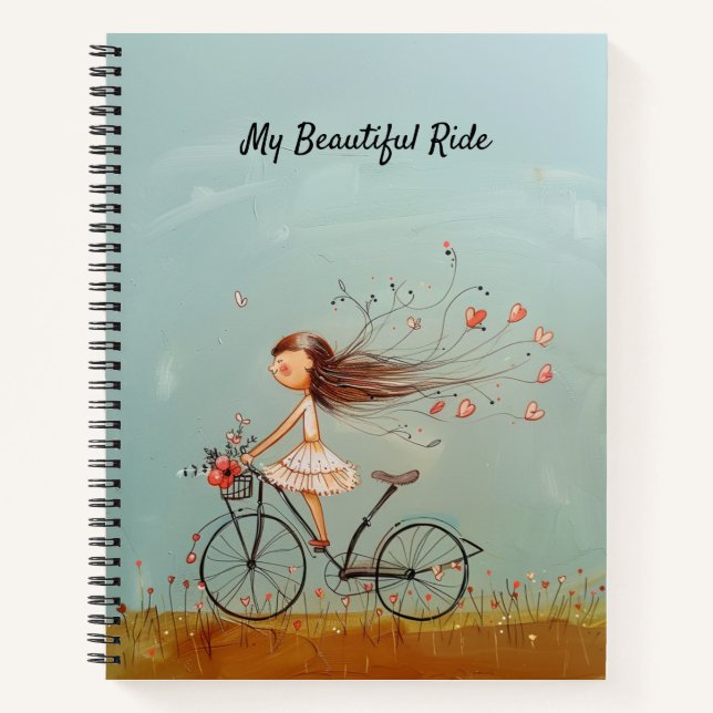 Vintage Girl on Bicycle Personalized Floral Notebook (Front)