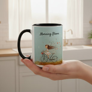 Vintage Girl on Bicycle Personalized Floral Two-Tone Coffee Mug