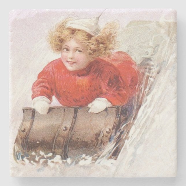 Vintage Girl on Toboggan Christmas Stone Coaster (Front)