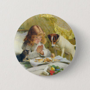 Vintage Girl Praying with Cat & Dog Art Suspense 2 Inch Round Button