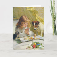 Vintage Girl Praying with Cat & Dog Art Suspense
