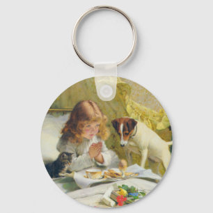 Vintage Girl Praying with Cat & Dog Art Suspense Keychain