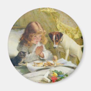 Vintage Girl Praying with Cat & Dog Art Suspense Magnet