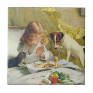 Vintage Girl Praying with Cat & Dog Art Suspense Tile