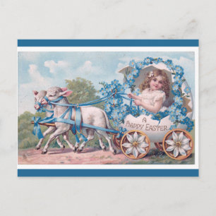 Vintage Girl Pulled by Lambs Easter Greetings Postcard