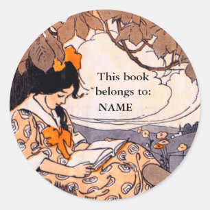 Vintage girl reading book plate classic round sticker