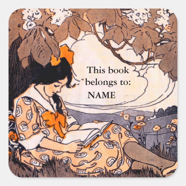 Vintage girl reading book plate square sticker (Front)