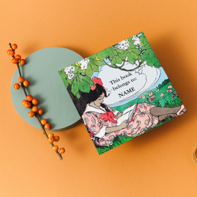 Vintage girl reading book plate square sticker (Creator Uploaded)