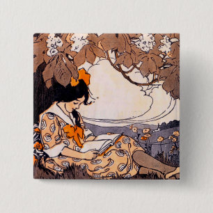Vintage Girl Reading Under a Tree 2 Inch Square Button
