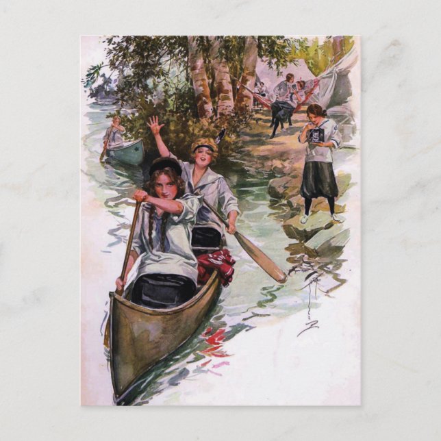 Vintage Girl Scout Campers Canoeing Postcard (Front)