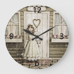 Vintage Girl standing near a Retro Cottage Large Clock