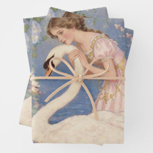 Vintage Girl & Swan Art Wrapping Paper Sheet