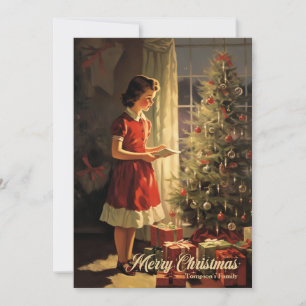 Vintage girl to a Christmas tree with presents Holiday Card