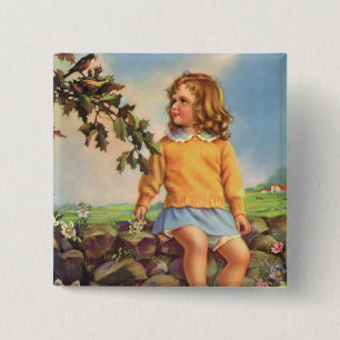 Vintage Girl Watching Birds in a Tree, Spring 2 Inch Square Button