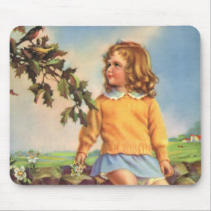 Vintage Girl Watching Birds in a Tree, Spring Mouse Pad